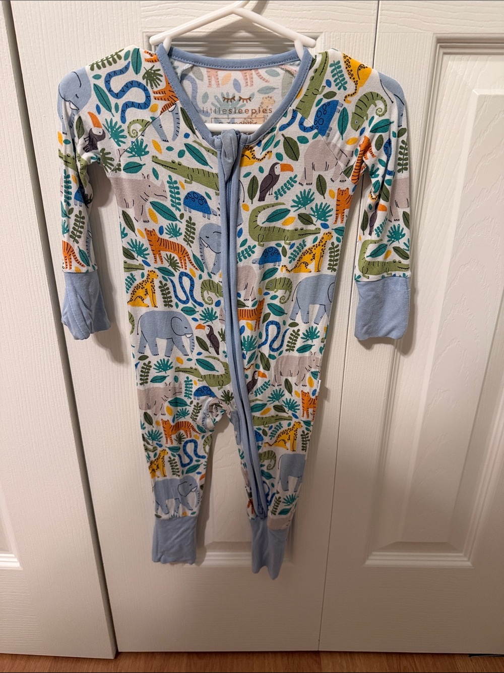Little Sleepies White Jungle Animal Zip Footless Sleeper with Light Blue Trim